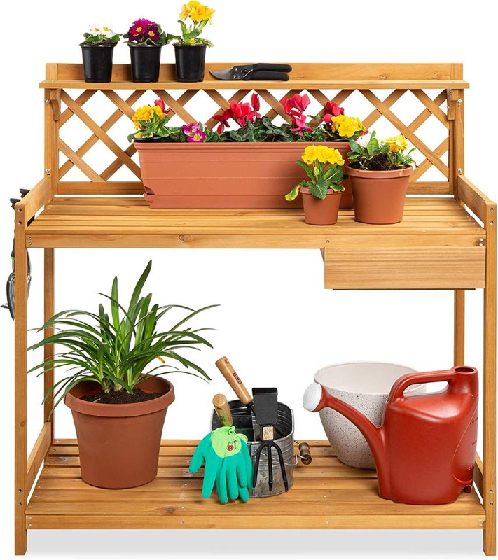 Outdoor Garden Potting Bench Wooden Workstation Table w/Cabinet Drawer Open Shelf, Lower Storage, Lattice Back